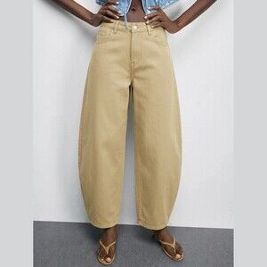 Tan Denim High Waist Barrel Leg Full Length Jeans